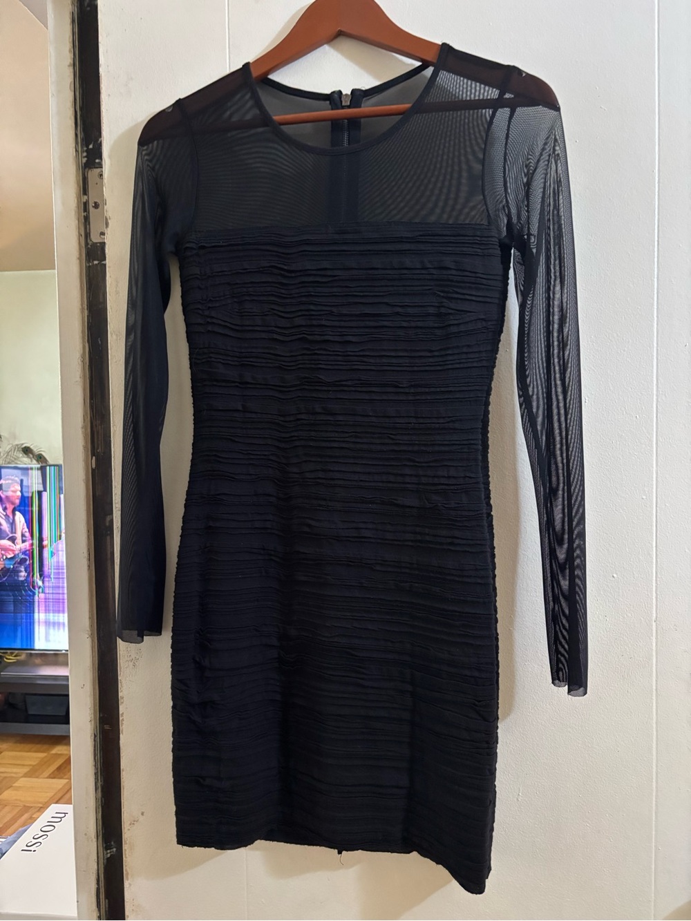 Women’s Black Long-Sleeve Mesh Overlay Dress